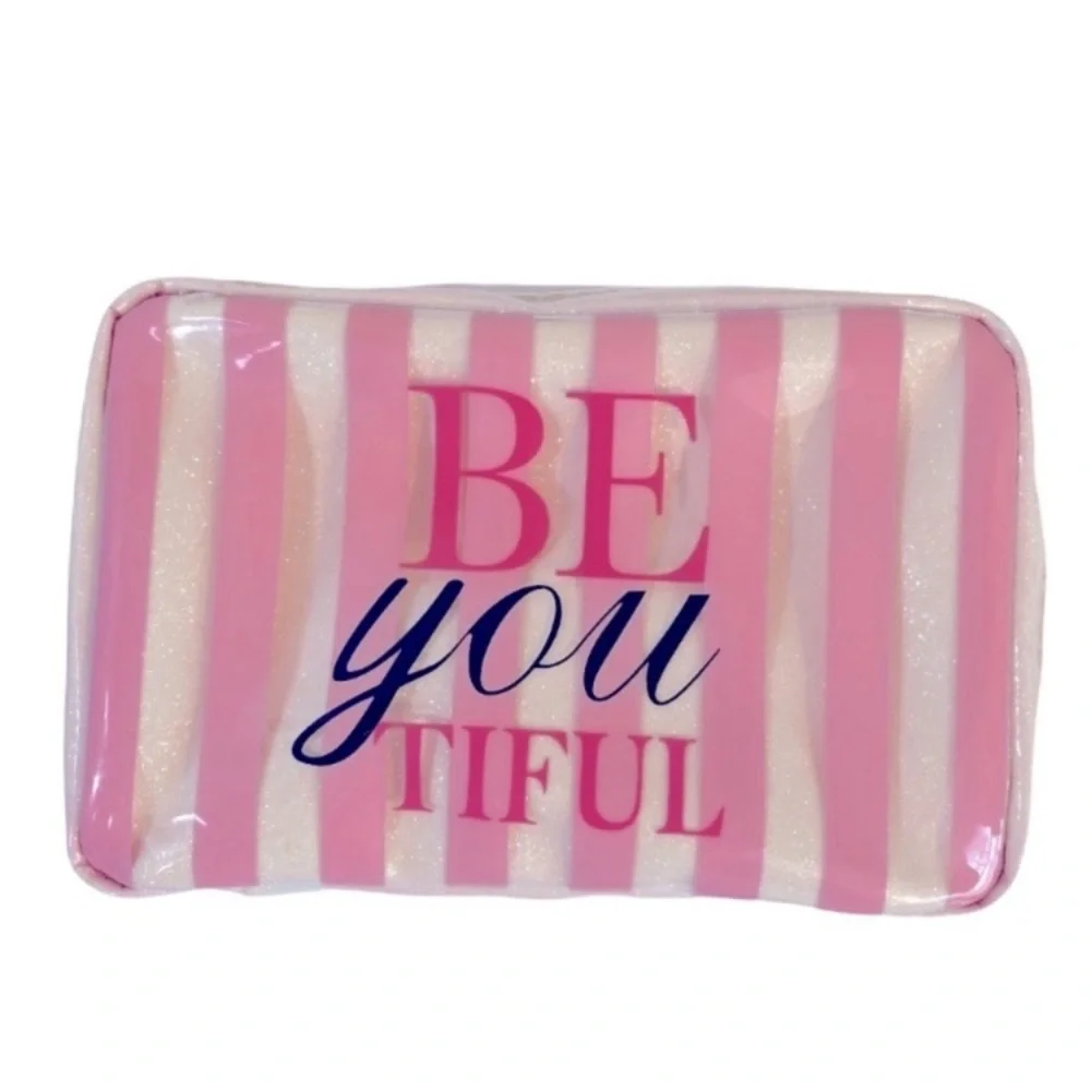 Victoria's Secret Cosmetic Bag Pouchette Delicate Stripes Pastel Pink White